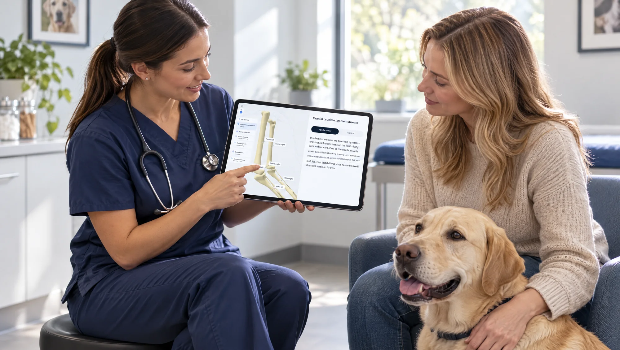 The consult room with the dog's stifle labelled and cranial cruciate ligament disease explained for the owner